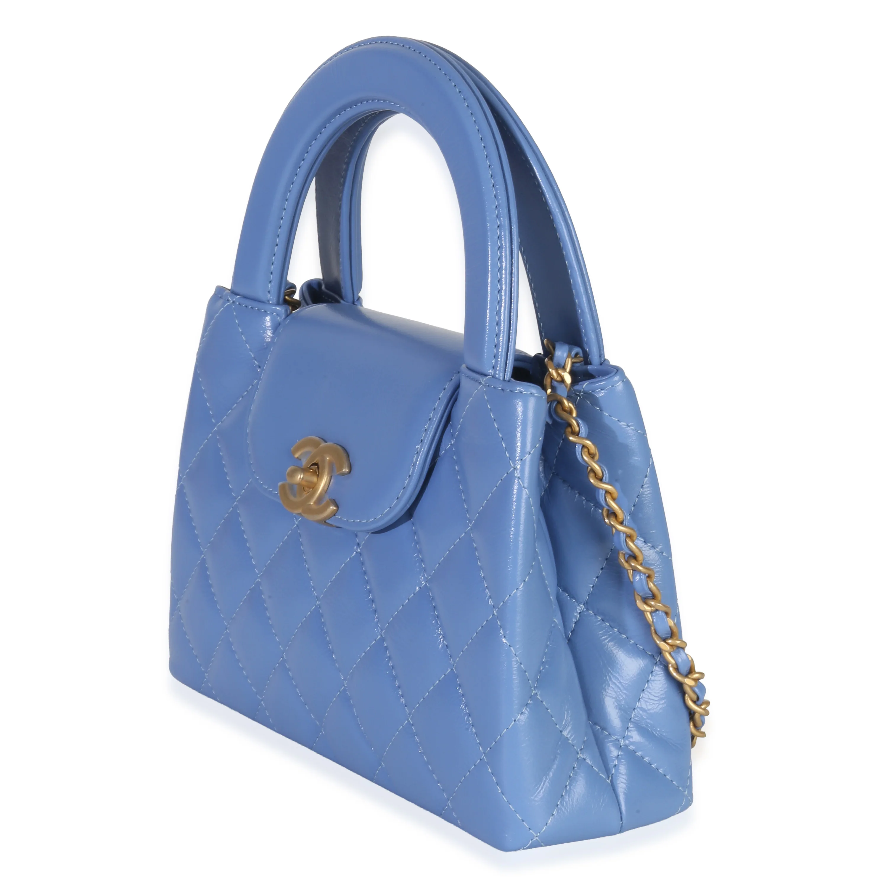 Blue Shiny Aged Calfskin Quilted Nano Kelly Shopper - Image 2