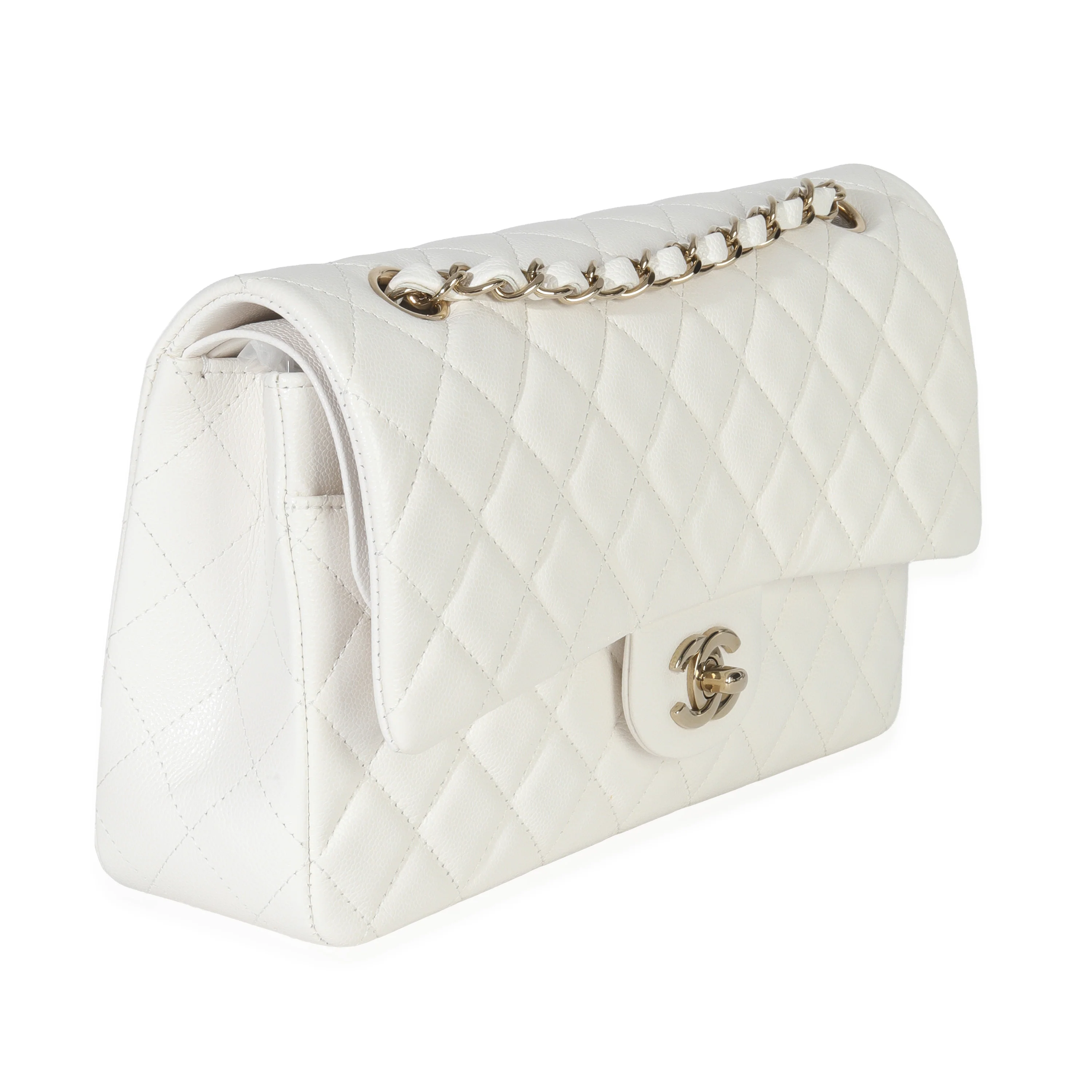 White Quilted Caviar Medium Classic Double Flap Bag - Image 3