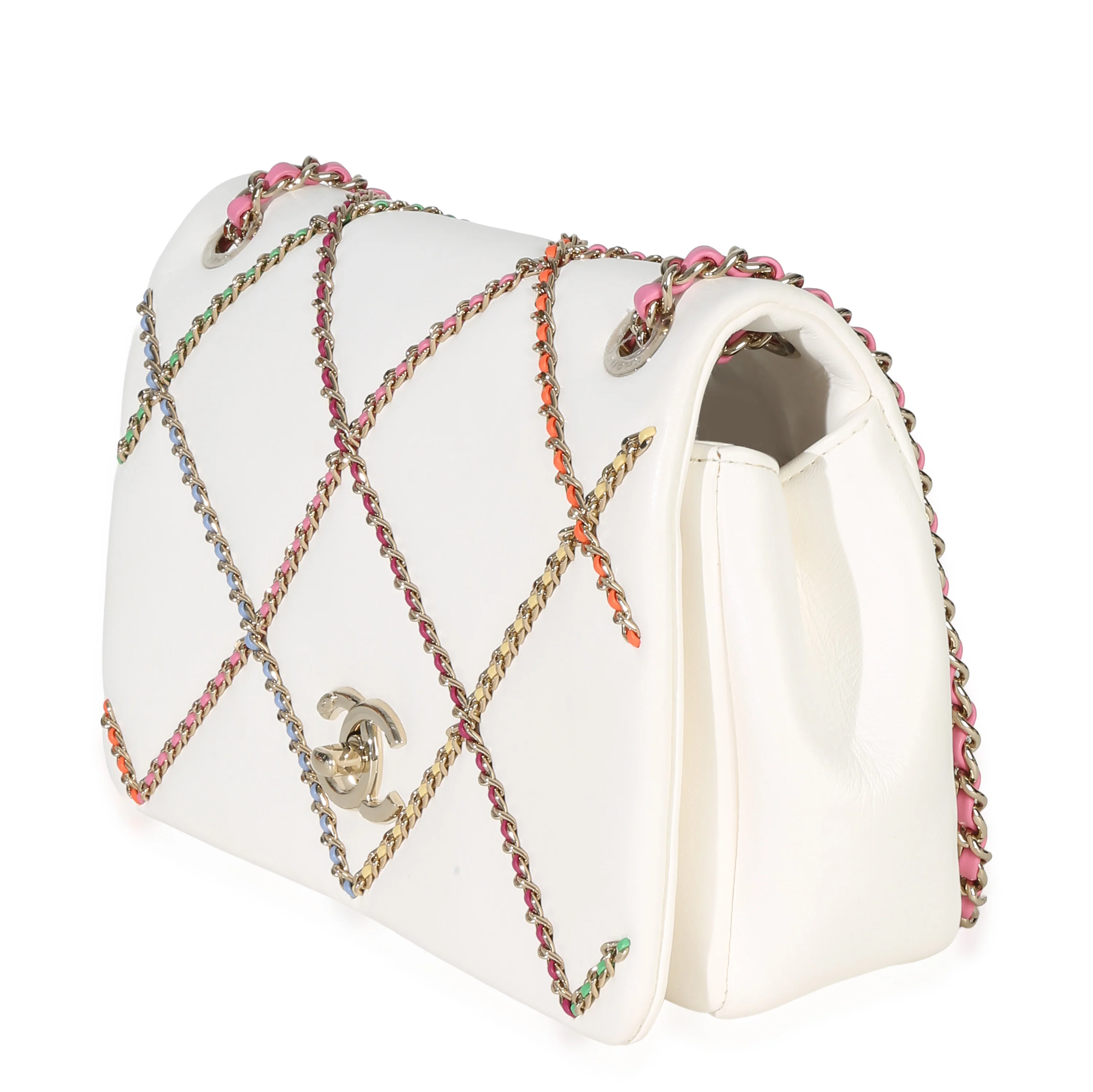 White Lambskin Multicolor Chain Intertwined Small Flap Bag - Image 2