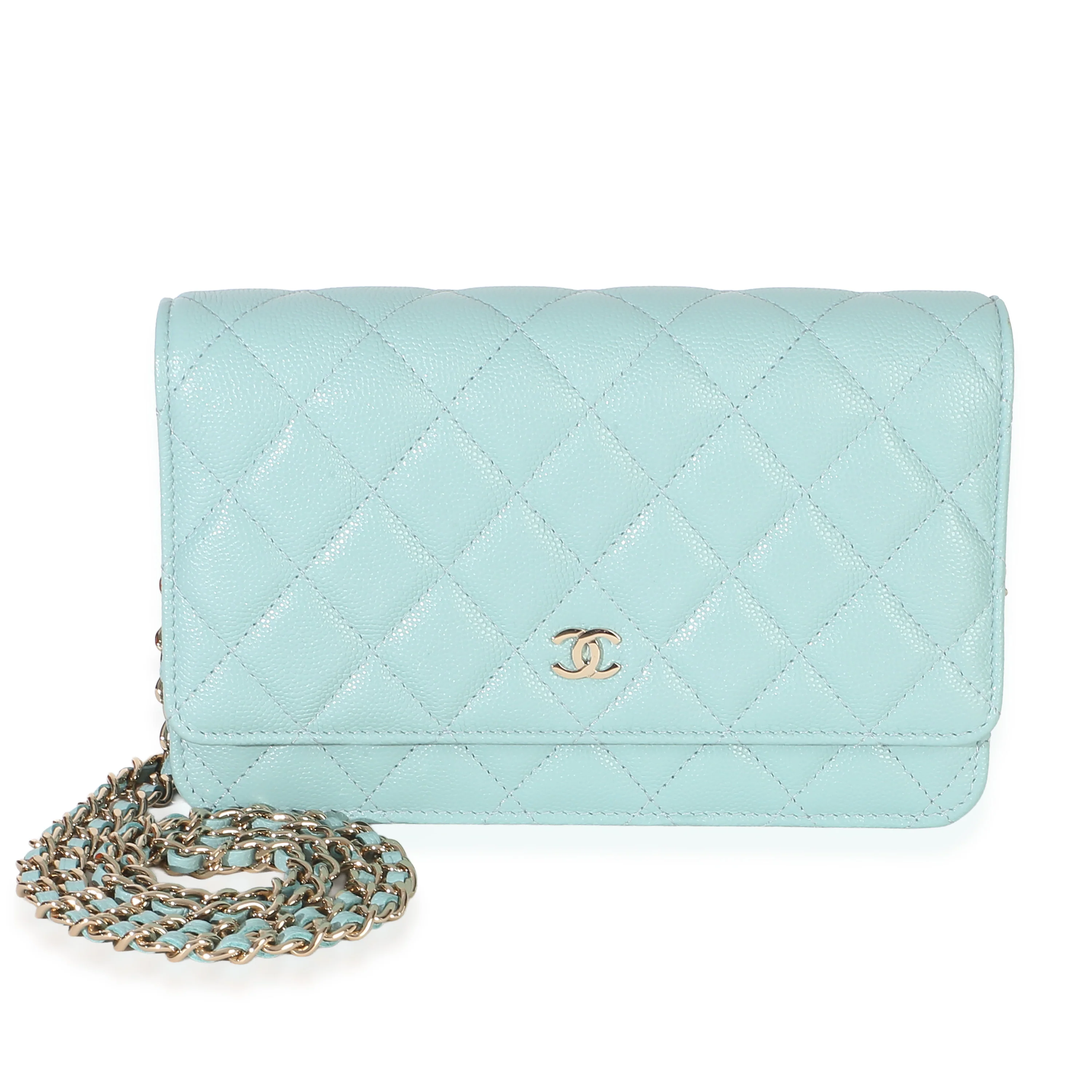 Light Blue Quilted Caviar Classic Wallet On Chain